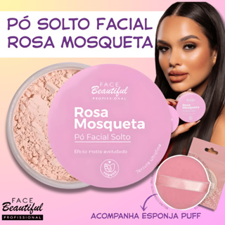 Pó Solto Facial Rosa Mosqueta com Esponja Puff Maquiagem Face Beautiful 10g em Oferta na Shopee