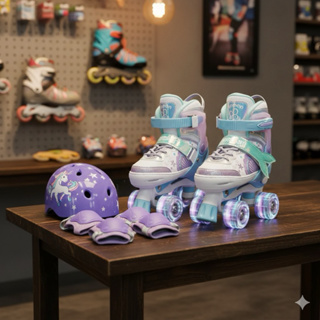 Patins Infantil 4 Rodas Ajustavel com luz de led Sereia Lilás ou Rosa + Kit Proteção..... em Oferta na Shopee