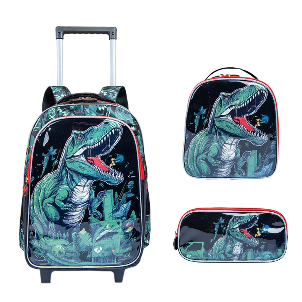 Kit Mochila Escolar Rodinhas Menino Dinossauro 3 Peças Lancheira Térmica Estojo Duplo Impermeável Grande