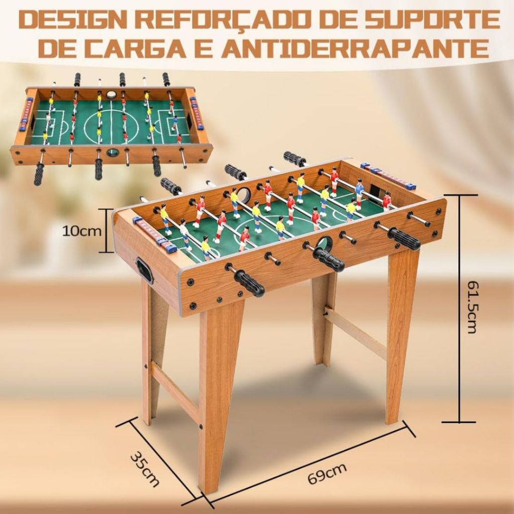 Mini Mesa Pebolim Infantil Futebol Totó Pés Madeira Alto 60cm 18 Jogadores Marcador