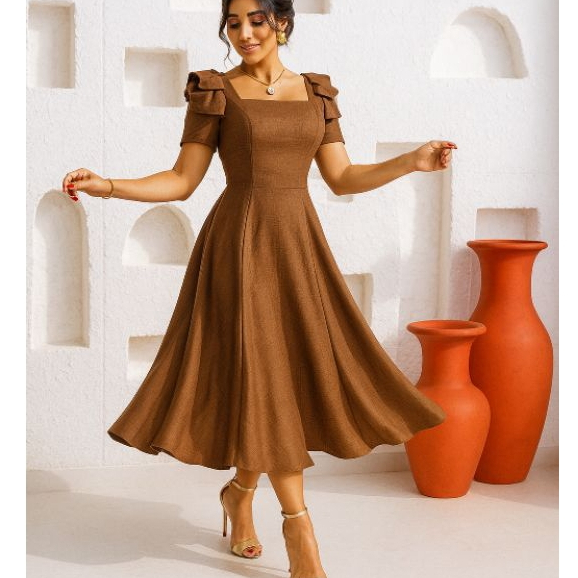 Vestido Midi Feminina Slim au Plus Size Con Manga curta de Laço Moda Evangelica./Duna Linho/ em Oferta na Shopee