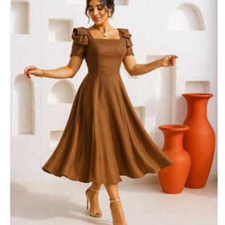 Vestido Midi Feminina Slim au Plus Size Con Manga curta de Laço Moda Evangelica./Duna Linho/ em Oferta na Shopee