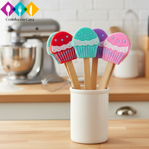 Espátula Silicone Formato de Cupcake com Cabo de Madeira