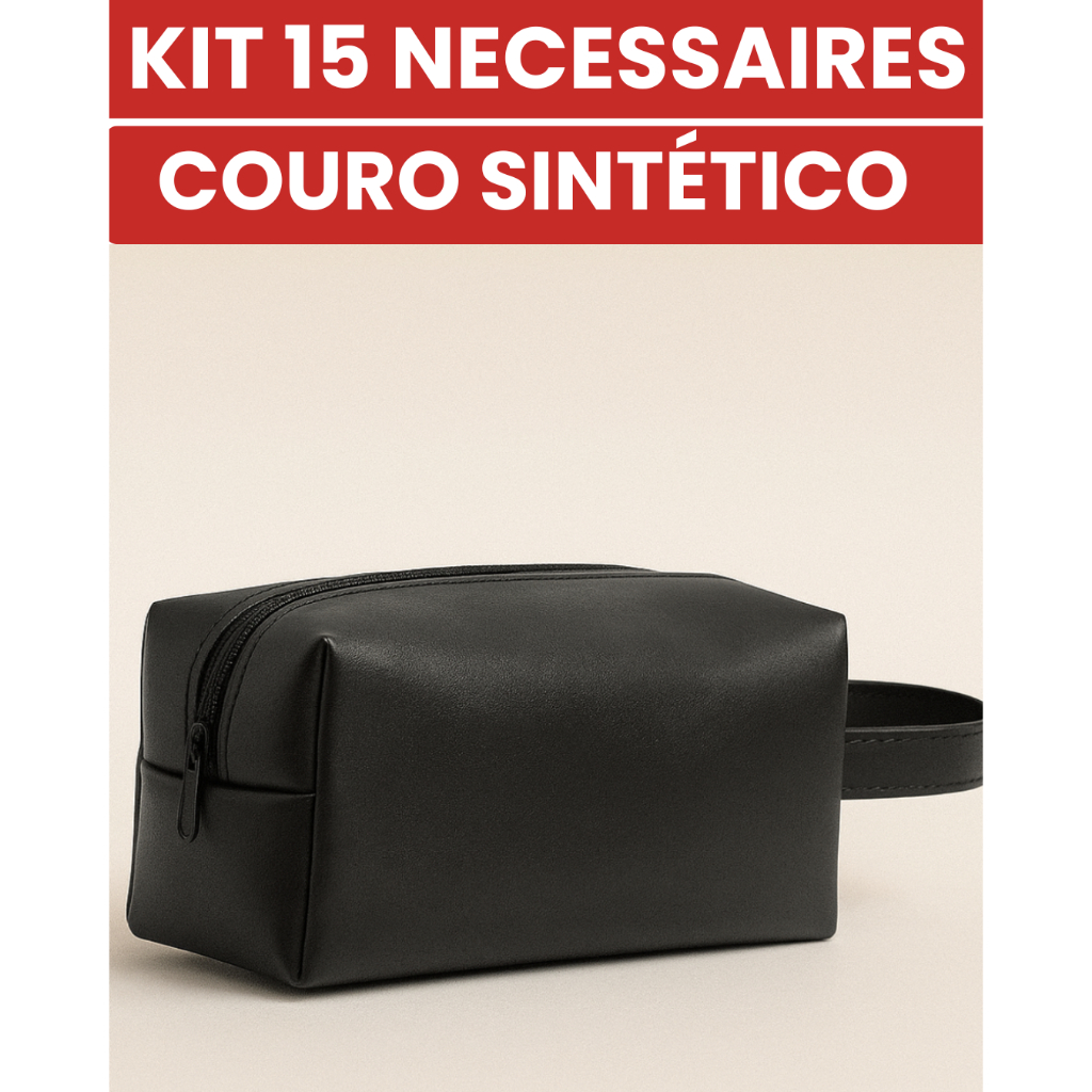 Kit com 15 Necessaires Couro Sintético Feminina Masculina Bolsa de Mão Organizador Estojo Cosméticos Viagem Maquiagem Kit com 15 Necessaires Couro Sintético Feminina Masculina Bolsa de Mão Organizador Estojo Cosméticos Viagem Maquiagem