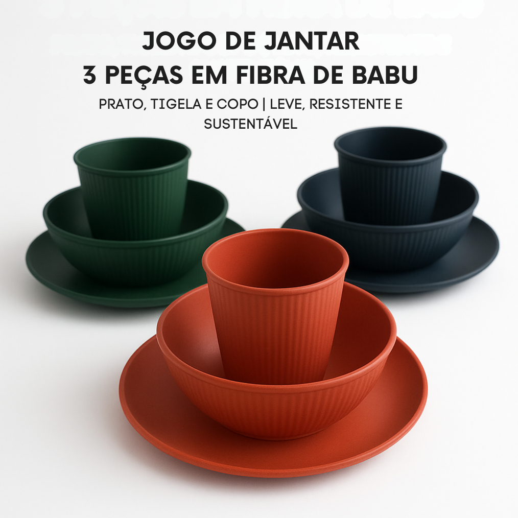 Jogo de Jantar 3 Peças Fibra de Bambu | Leve, Resistente e Sustentável