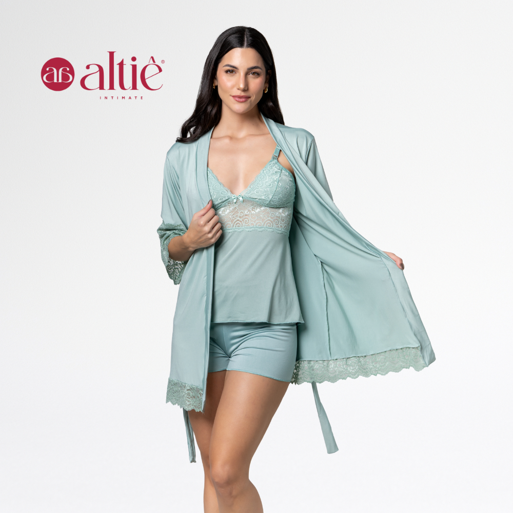 Kit Short Doll Amamentação com Robe Luxo Renda Feminino Conforto Maternidade