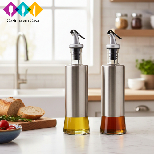 Kit 4 Galheteiro Garrafa de Vidro 200ml/300ml com Bico Dosador Azeite Vinagre Oleo Shoyu Aço Inox