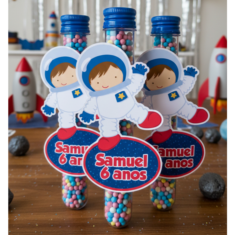 30 Apliques para tubetes grande de 13cm lembrancinha festa infantil personalizado com nome e idade astronauta planeta