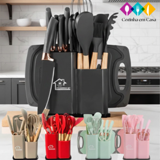 Kit 12/19 Peças Jogo de Utensílios Para Cozinha em Silicone Com Cabo de Madeira Completo em Oferta na Shopee