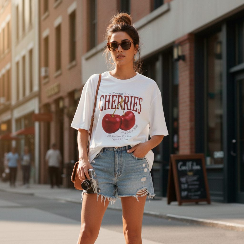 Camiseta Feminina Oversized Cereja Aesthetic Moda Coreana Blusão Soltinha Estampa Fruta Confortável Verão Dia a Dia