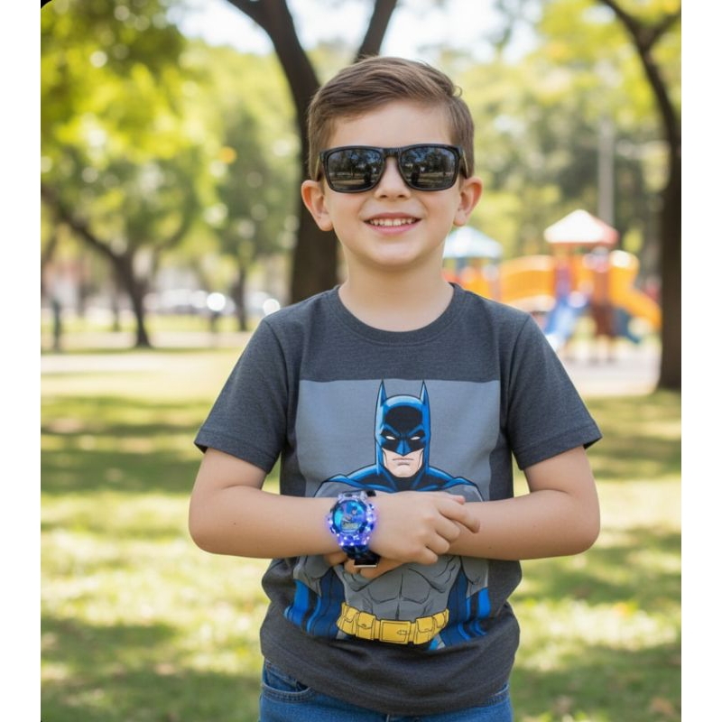 Kit Relógio Infantil Digital Pisca Luz Led Super Heróis Homem Aranha + Óculos de Sol Quadrado Flexível Tendência Moda