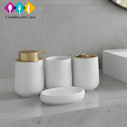 Kit 4 Peças para Banheiro de cerâmica  - saboneteira, porta-sabonete líquido, escova e xícara