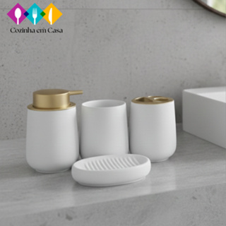 Kit 4 Peças para Banheiro de cerâmica  - saboneteira, porta-sabonete líquido, escova e xícara em Oferta na Shopee