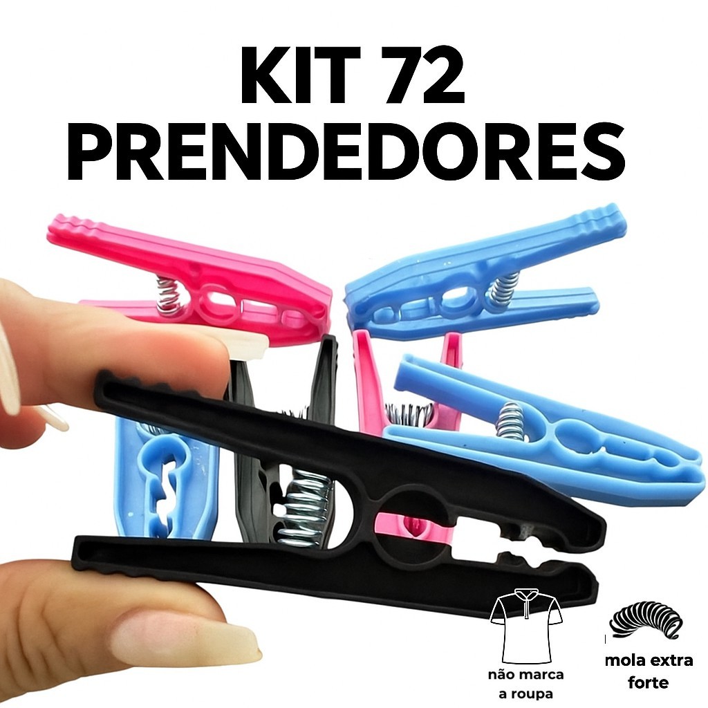 KIT 72 Unidades Pregador Prendedores Grande de Roupa em Plástico Reforçado - Varal mola Reforçada