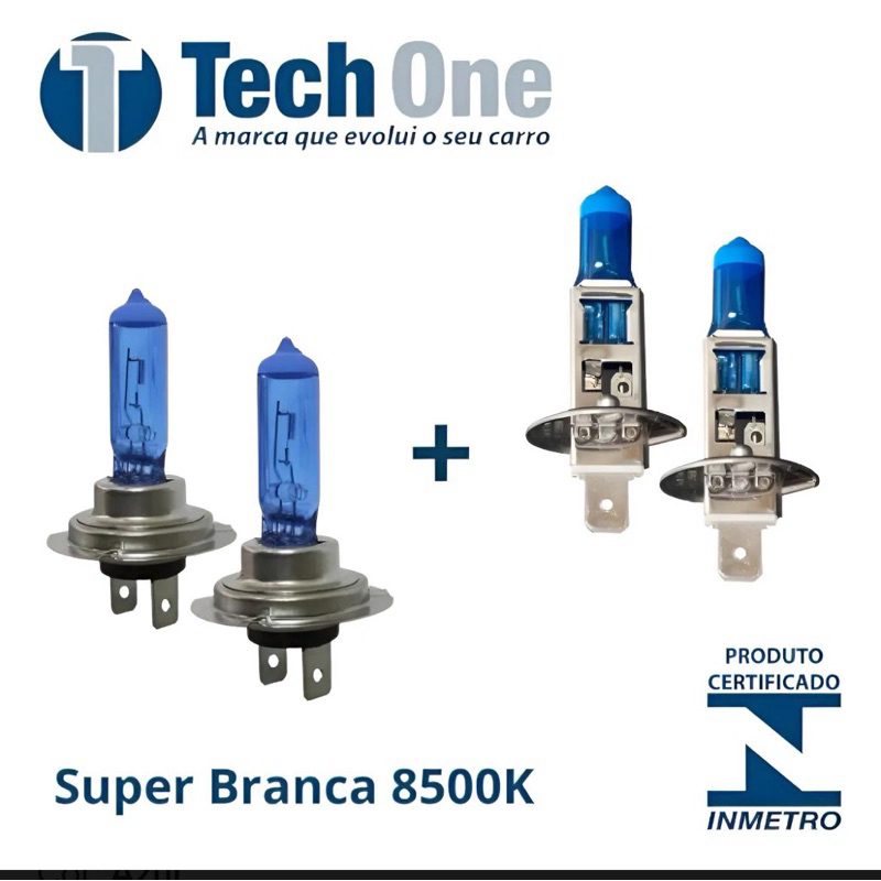 Kit 4 Lampadas Farol Super Branca H1 H7 8500k Original TechOne 12v 55w 8500K