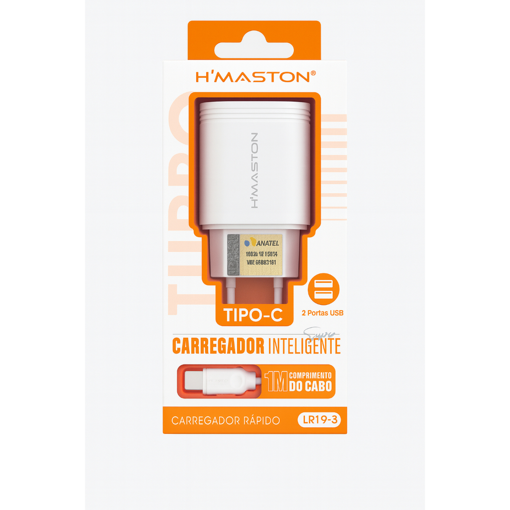 Carregador Tipo C H’Maston com Cabo Tipo C – 2 Portas USB - LR19-3 em Oferta na Shopee