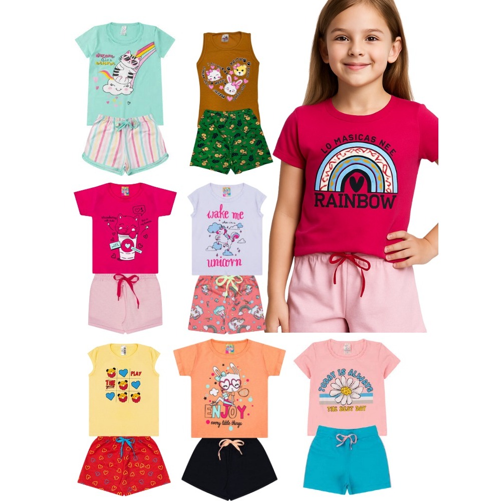 Kit 8 peças -4 Conjuntos de Roupa Sortidas  Infantil e Juvenil Menina Tamanho 01 ao 14- Lindas Estampas/Algodão