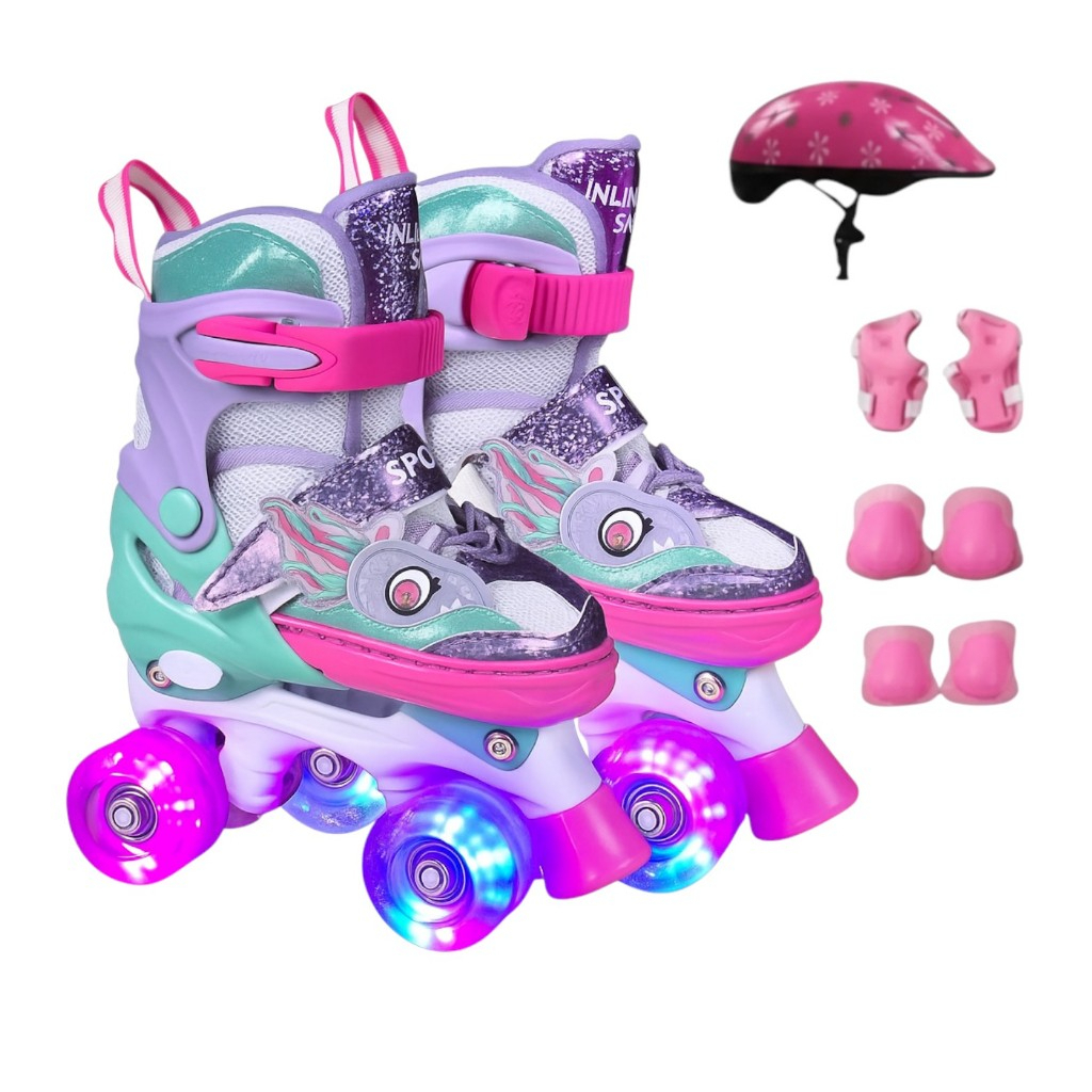 Patins Quad Dinossauro 4 Rodas Infantil Tamanha Regulável Com Rodinhas de LED c/ Bolsa + KIT PROTEÇÃO!