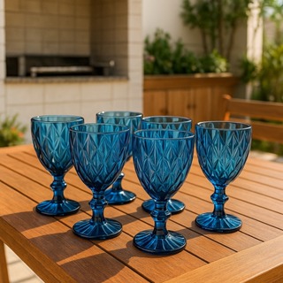 Jogo 6 Taças de Vidro Diamond Água Suco Vinho 340ml Azul Premium Mesa Posta Sofisticada em Oferta na Shopee