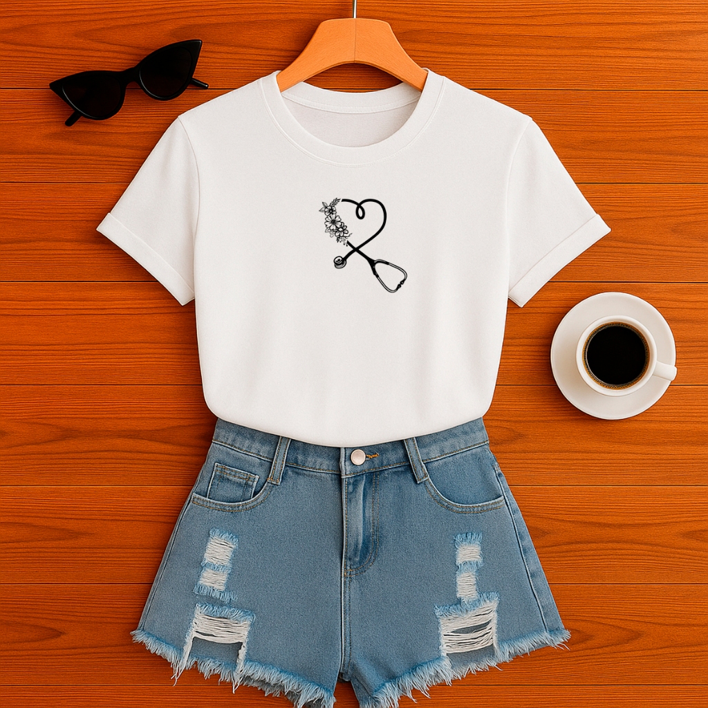 Blusinha T Shirt Baby Look Estetoscópio Coração Enfermagem Camiseta 100% Algodão Várias Cores