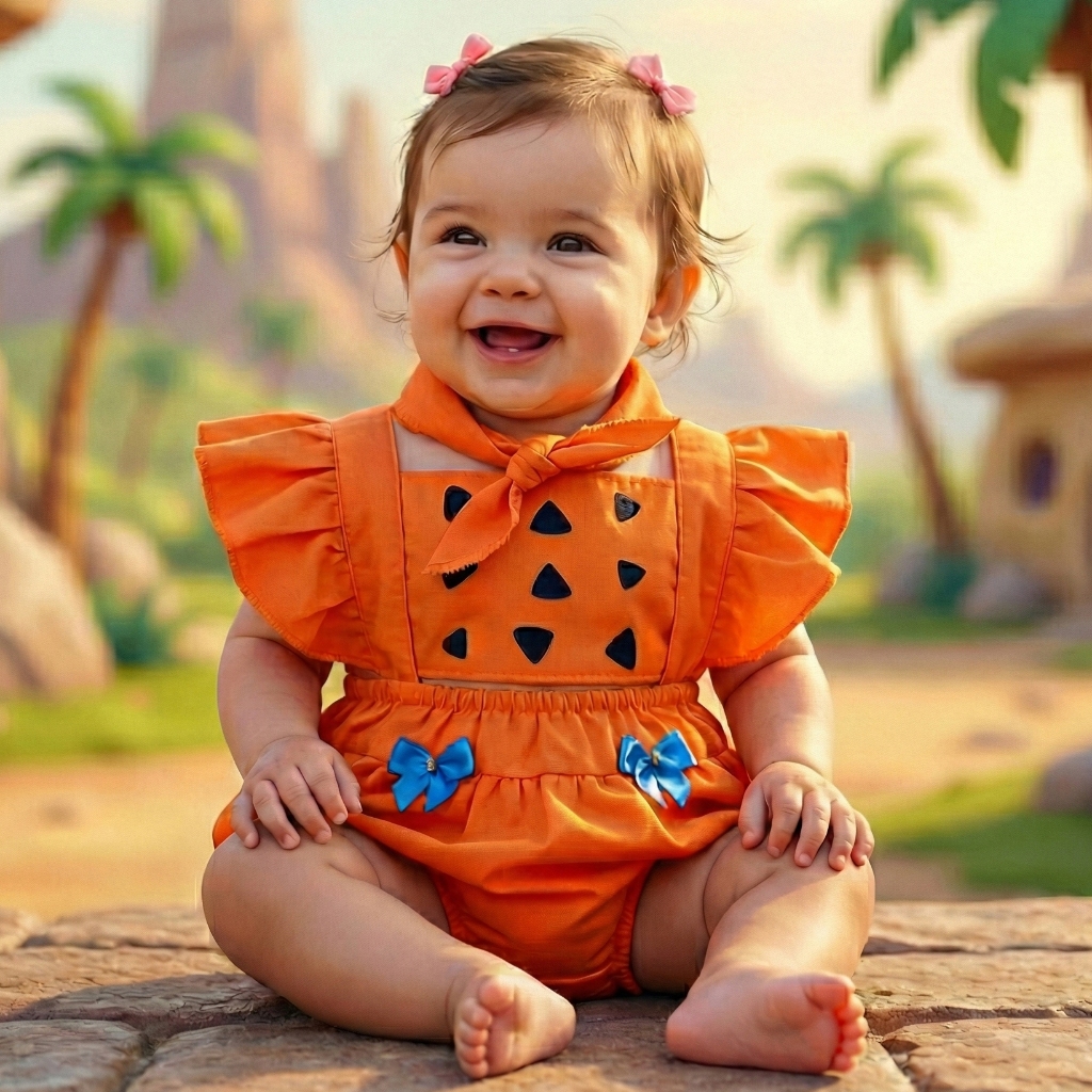 Romper Infantil Pedrita Bebê Menina Fantasia Flintstones + Faixa - Mesversário, Carnaval e Fotos