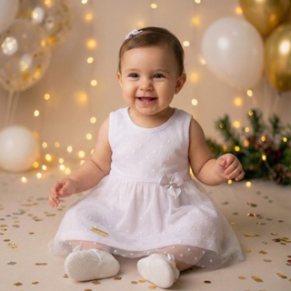 Vestido Infantil Bebê Menina Festa Luxo Branco Tule Poá - Ano Novo Réveillon, Batizado e Festas em Oferta na Shopee