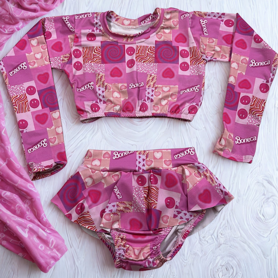 Biquini Infantil Conjunto Top Manga Longa e Calcinha Proteção UV  Suplex Premium Moda Prai...