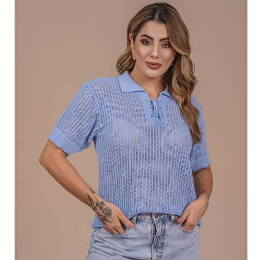 Camisa Blusa Feminina de Renda Rendada Crochê Gola Polo Tricô Verão Lançamento em Oferta na Shopee