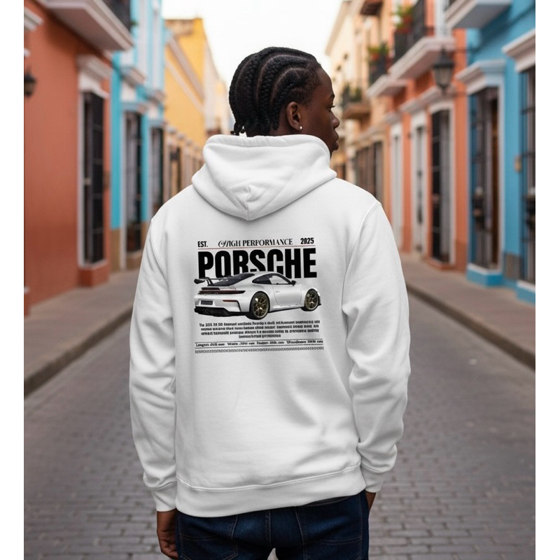 Blusa De Frio Moletom Canguru Streetwear De Corrida Porsche  911 Branca