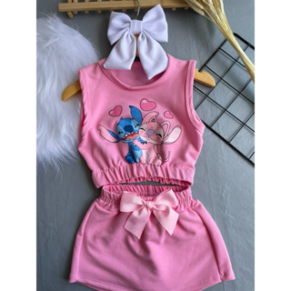 Conjunto Infantil Bebê Meninas Modinha Stitch e Angel Short Saia Laço Regata Verão Rosa Charmoso em Oferta na Shopee