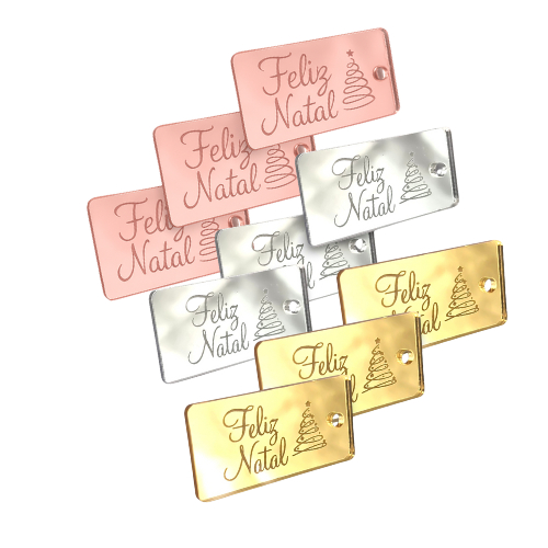 Tag de Acrílico Espelhado 3,0x1,0 cm decorativa escrito "Feliz Natal" 10 un