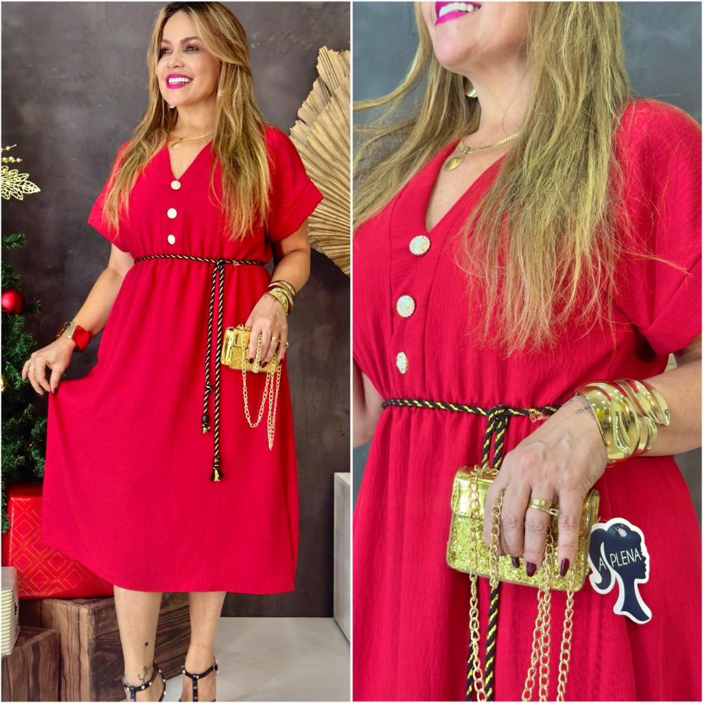 Vestido Mid Liso com Botao, Gola V e Cinto em Oferta na Shopee