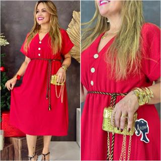 Vestido Mid Liso com Botao, Gola V e Cinto em Oferta na Shopee