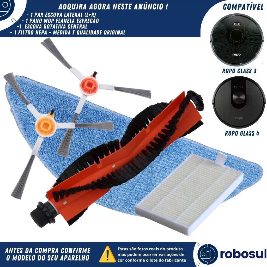Escova Lateral Filtro Mop Escova Rotativa Para Robô Aspirador Ropo Glass 3 e Glass 4