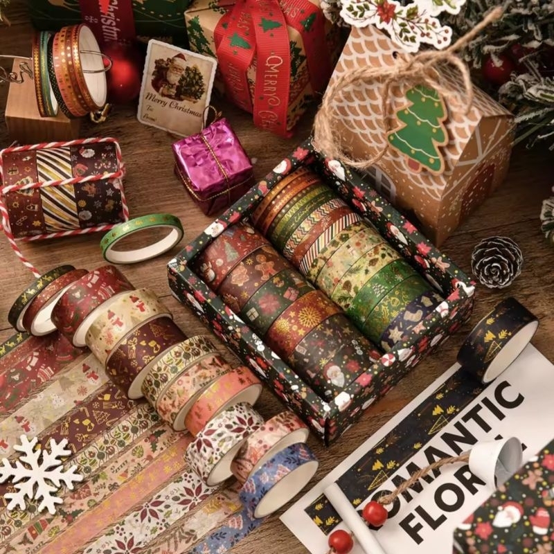 Box / caixinha com washi tapes natalinas com detalhes em foil dourado Merry Christmas