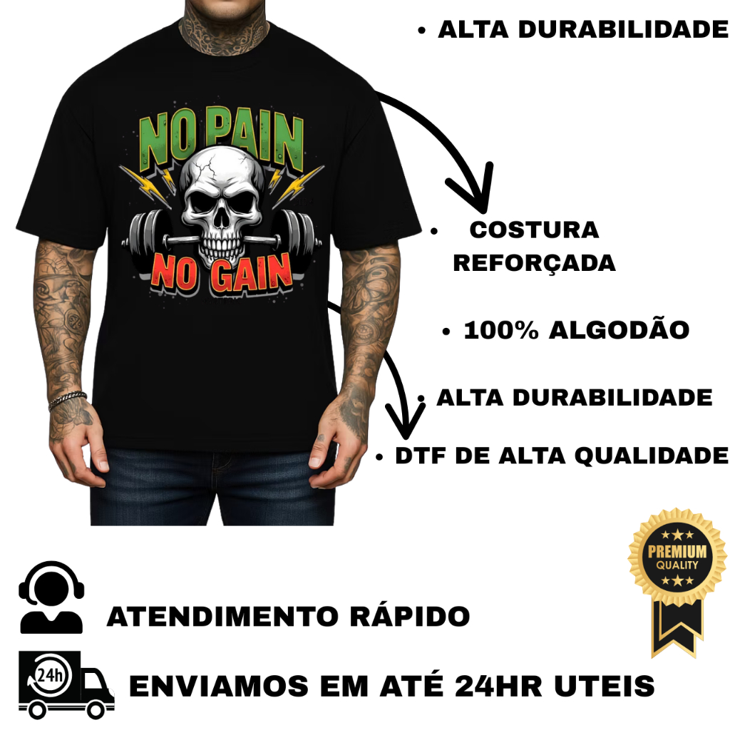 Camiseta Premium Oversized Fitness Academia No Pain No Gain Camisa Estampada Caveira Musculação P/GG