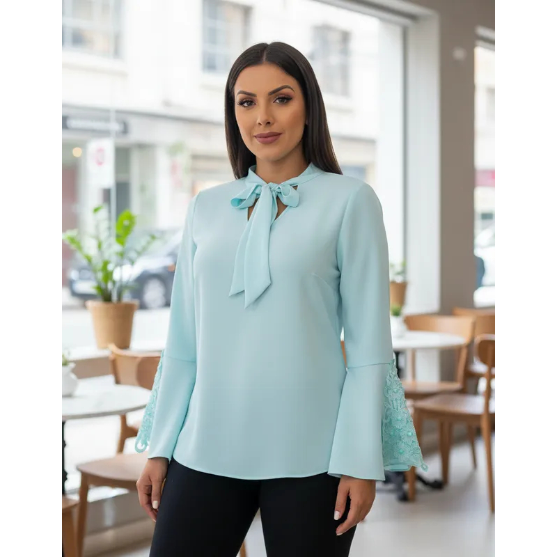Detalhes do Blusa Manga Longa Feminina Secretaria Em Crepe Sku:bml12