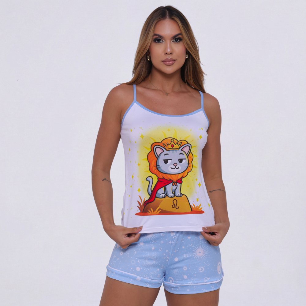 Babydoll Feminino Pijama Curto Suede Fresquinho de Alças em Suede Com Estampa de Signos