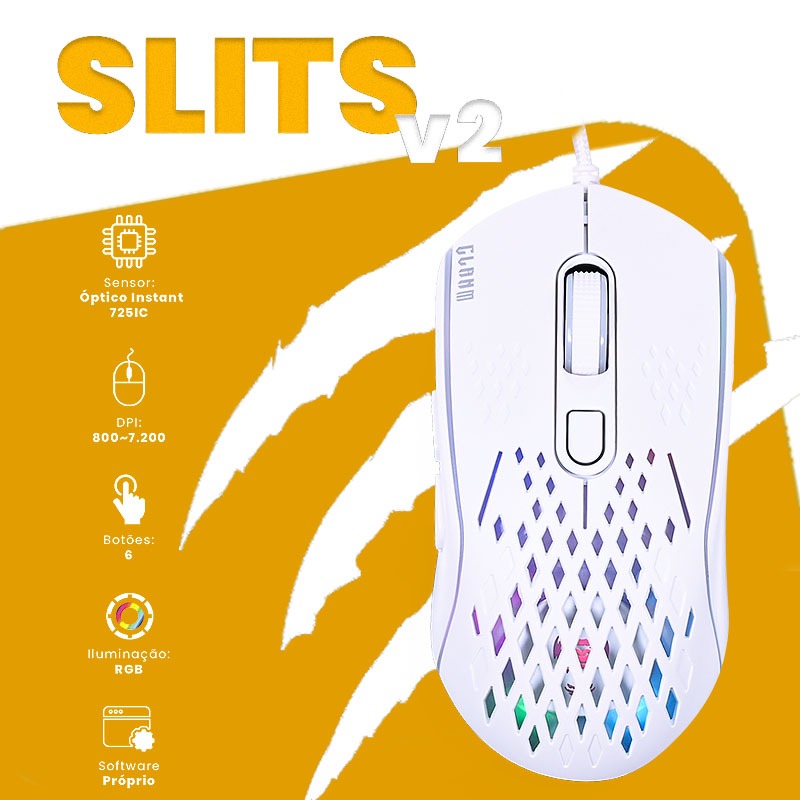 MOUSE GAMER BRANCO SLITS V2 CABO USB SOFTWARE 7200DPI