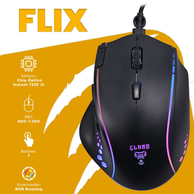 MOUSE GAMER FLIX CABO USB LUZES RGB 7200DPI PRETO FOSCO CABO TRANÇADO