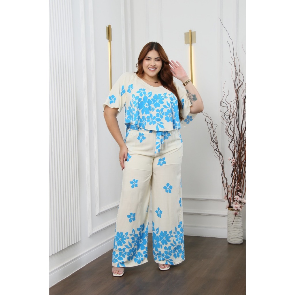 Conjunto Plus Size Viscolinho Estampado Floral – Elegante e Confortável
