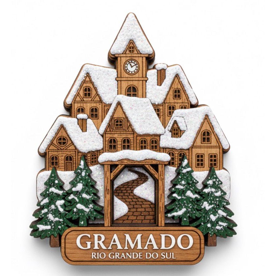 Ímã de Geladeira Gramado Neve | Casinhas da Serra Gaúcha | Lembrança Natal Luz | MDF Decoração de Viagem