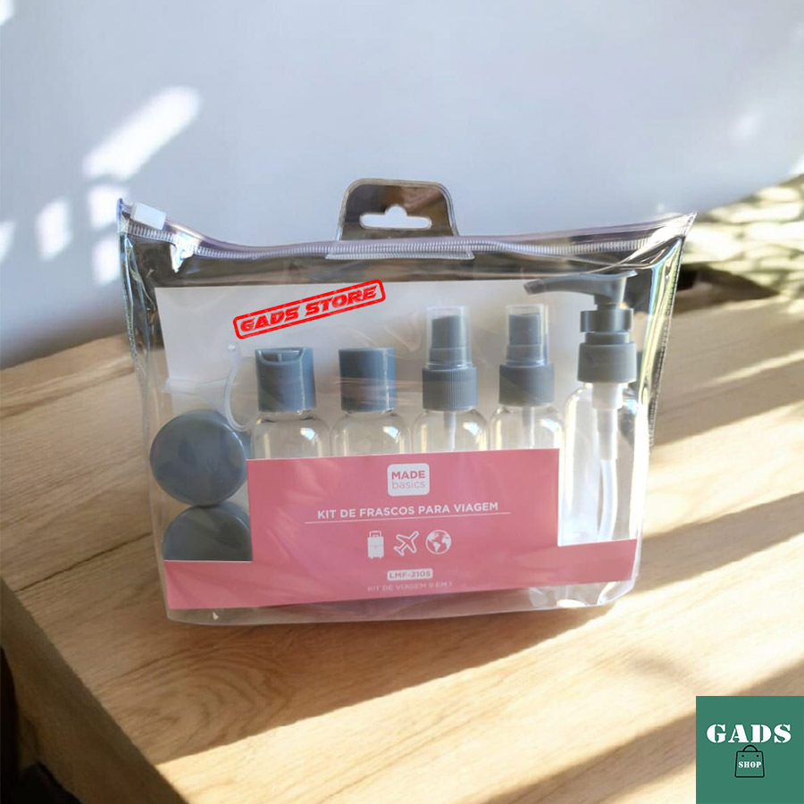 Imagem Kit 9 Frascos Para Viagem Spray + Pote Creme Cosmético + frasco Higiene Pessoal + Espátula + Funil
