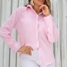 camisa feminina manga longa de botões estampa com listras e lisa