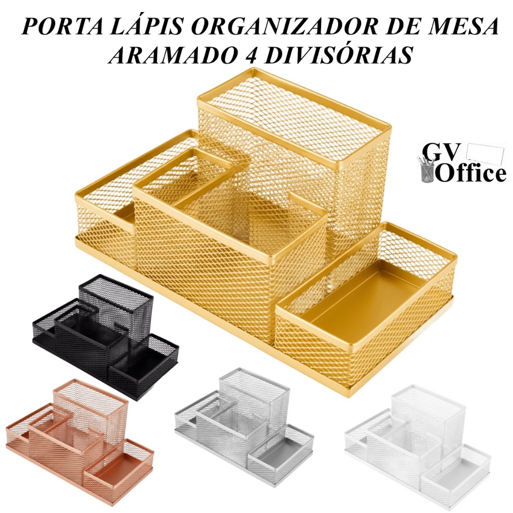 Porta Caneta, Clips, Lembrete, Porta Treco, 4 Divisórias, Metal Aramado Gv Office