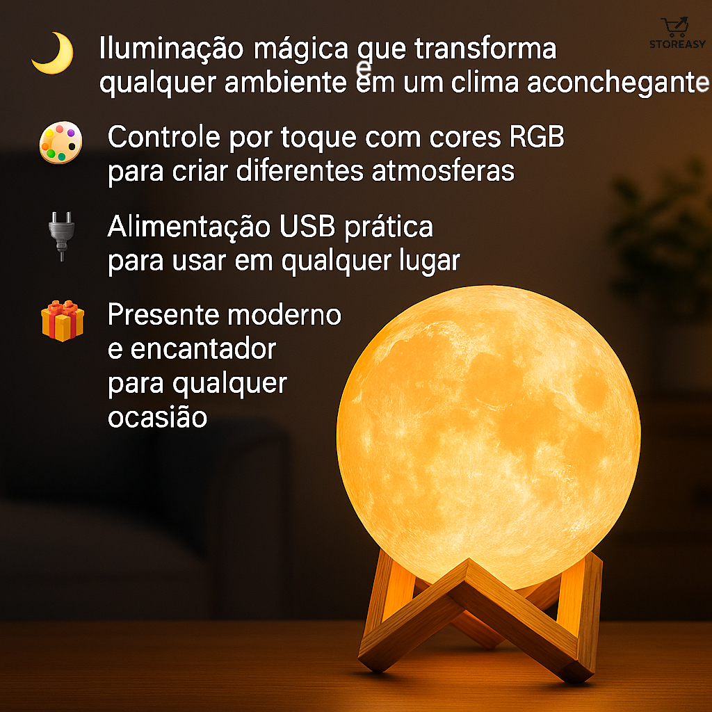 Lua Cheia Luminária Abajur LED RGB 17 cm Grande Bateria 3D Sem Fio Noturna Várias Cores