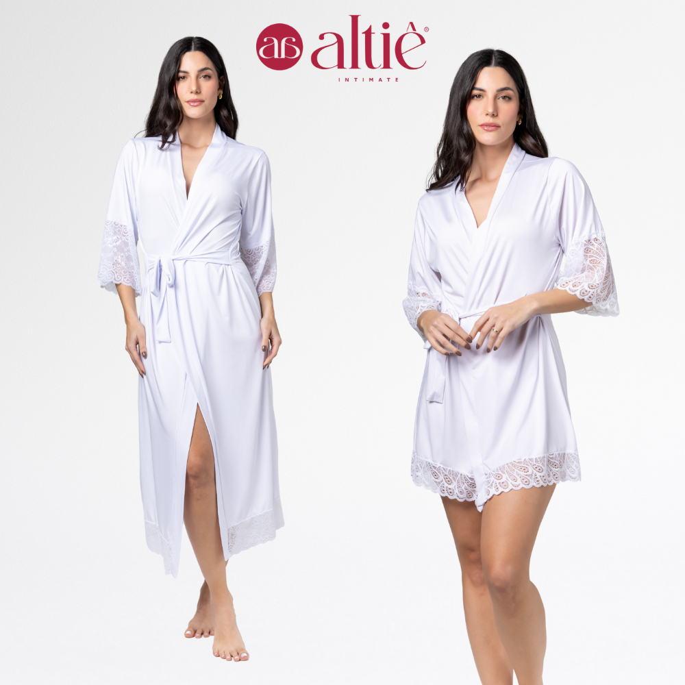 Kit Robe Longo Luxo + Robe Curto Renda Feminino Noiva Elegante