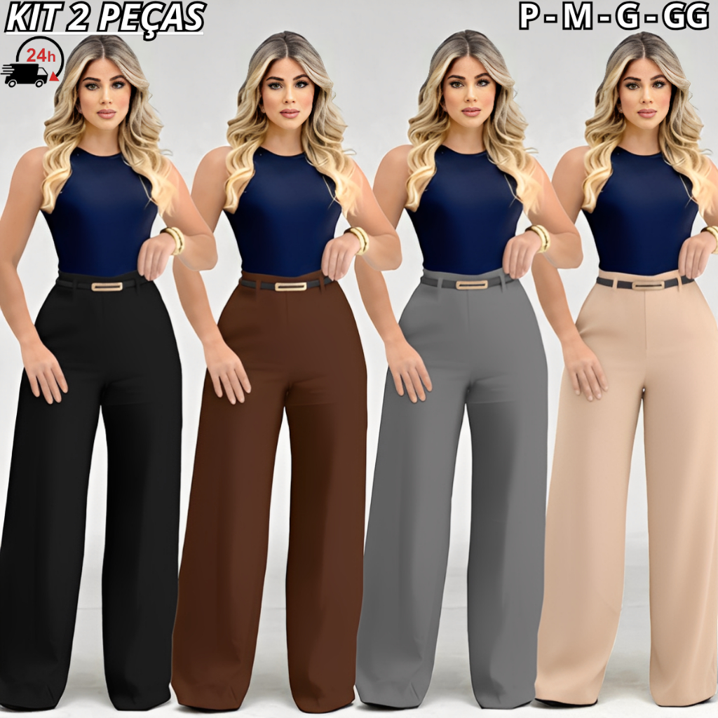Kit 2 Calça Pantalona Alfaiataria Premium Feminina Com Cinto Bolso e Ziper Lateral