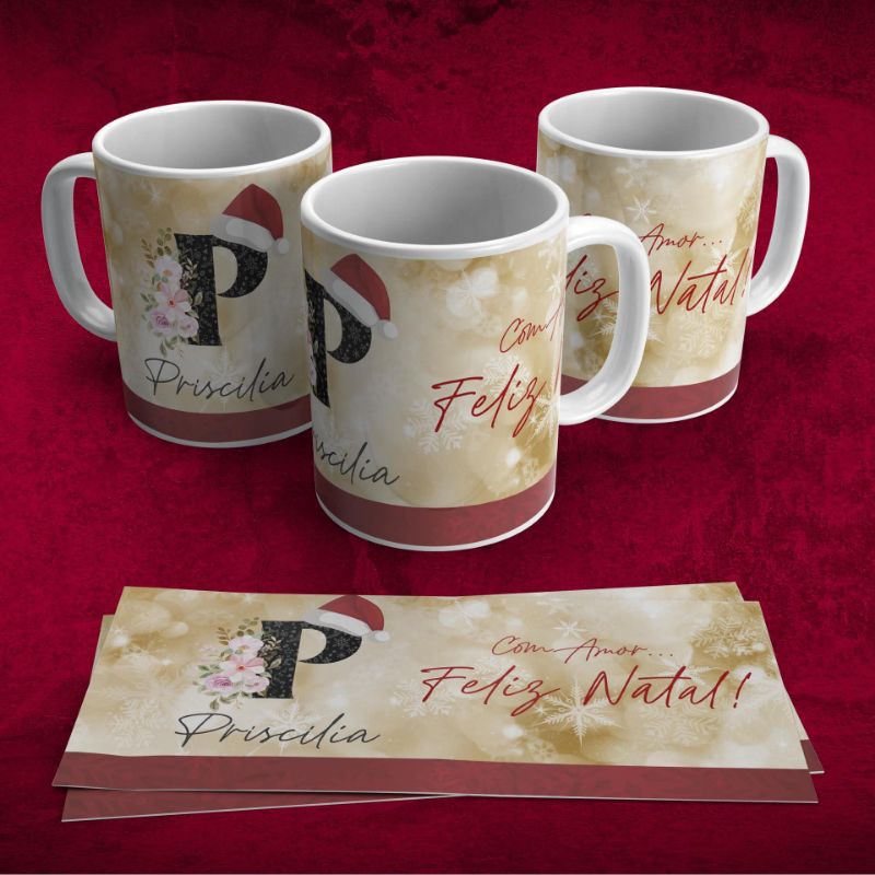 Caneca personalizada Feliz Natal com inicial e nome...envio imediato