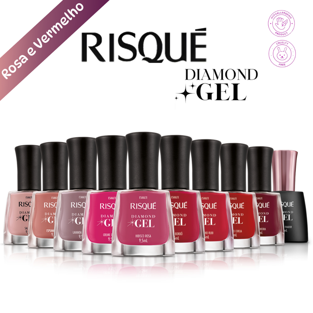 Esmalte Diamond Gel Risqué Kit com 9 cores Vermelho e Rosa + 1 Top Coat